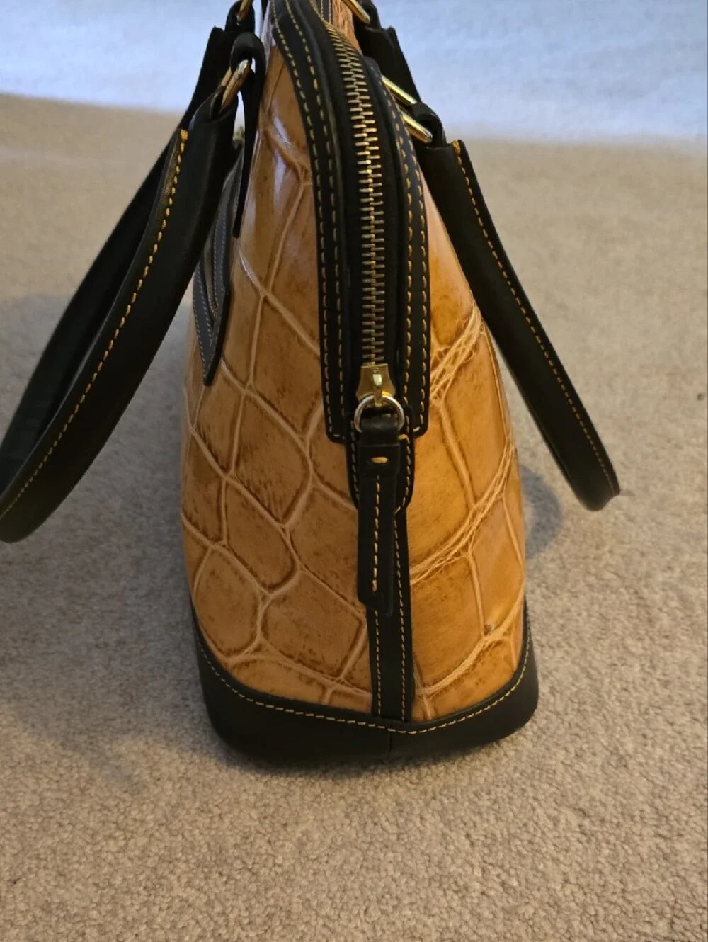 Dooney & Bourke Tan Croc-Embossed Satchel with Black Trim